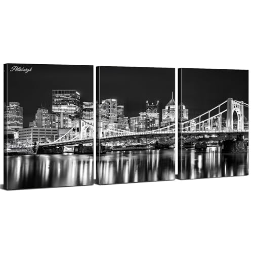 Pittsburgh Skyline Wall Art Black and White City Wall Decor for Office Pennsylvania Cityscape Panoramic Canvas Prints Living Room Nightscape Painting Skyscraper Artwork Bedroom Decorations 12x16" 3P - color: Pittsburgh, size: 12"L x 16"W