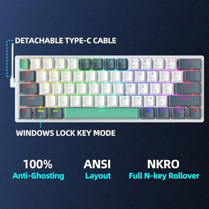 Machenike K500A-B61W 60% Mechanical Wireless Gaming Keyboard, 61 Keys Ultra-Compact Hot Swappable Linear Red Switch, Dynamic RGB Backlit, Anti-Ghosting, Double-Shot PBT Keycaps, Win/Mac, White - color: White, size: Red Switch