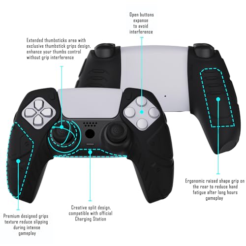 PlayVital Mecha Edition Black Ergonomic Soft Controller Silicone Case Grips for ps5, Rubber Protector Skins with Thumbstick Caps for ps5 Controller - Compatible with Charging Station - color: Black