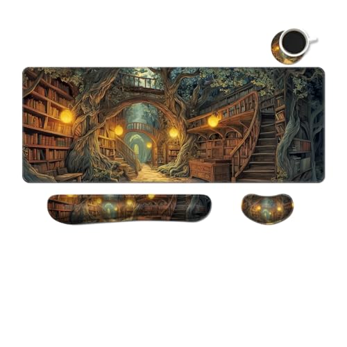 Desk Mat, Large Gaming Mouse Pad with Wrist Rest, 4 in1 XXL Mouse pad+Keyboard Wrist Rest+Mouse Pad Wrist Support+Cup Coaster Set, Ergonomic Desk Pad for Home Office, Trees Library - color: Trees Library