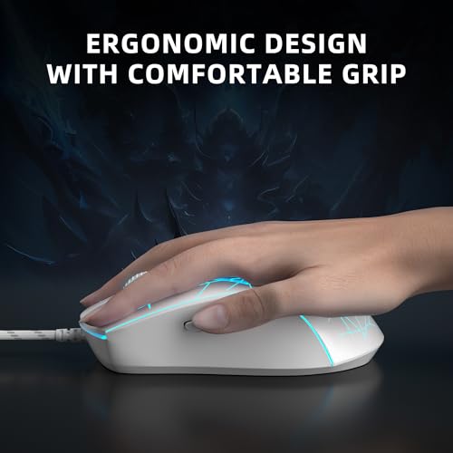 Wired Gaming Mouse, 7 Colors Breathing LED Backlit Gaming Mouse, 6 Adjustable Speeds, Ergonomic Optical Computer Mouse with 7 Buttons for Windows PC Gamers, White - color: White