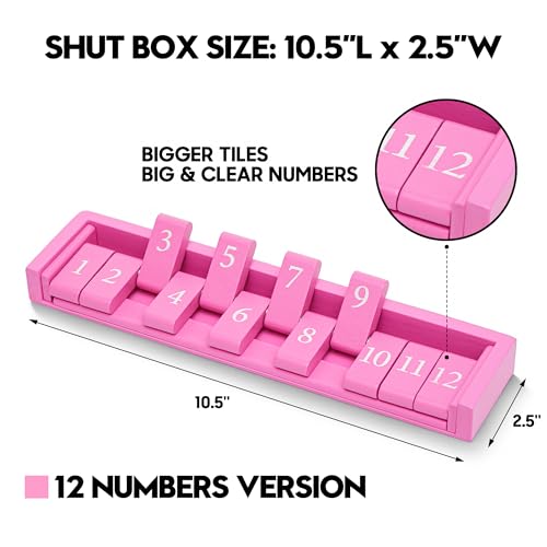 11'' Wooden Shut The Box Dice Game Travel Size Board Game 12 Numbers 2 Classic Dice & 2 Number Dice Storage Bag Instructions Math Learning Classroom Kids, Adults