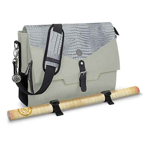 ENHANCE Collector's Edition RPG Player's Essentials DnD Bag - Dragon Hide Exterior Messenger Bag Fits 2-4 Books, Binders, Dice & Accessories, with 17 inch Laptop Slot, Battlemap Straps (Dragon Silver) - color: Dragon Silver