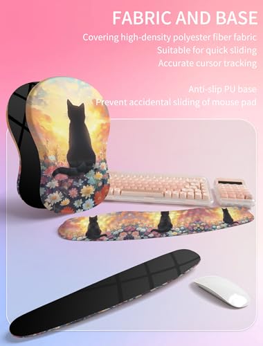 Hokafenle 2in1 Combination, Wave Keyboard Wrist Rest and Ergonomic Curvature Mouse Pad Wrist Support for Relieve Wrist Pain, Filled with Soft Cushion Memory Foam, Wishing Cat - color: Wishing Cat