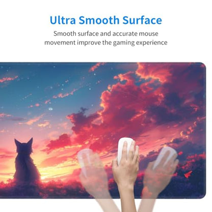 Gaming Mouse Pad Desk Pad,Extended Big Mouse Pad,31.5x11.8 Inch Long Computer Keyboard Mouse Mat Mousepad with 3mm Non-Slip Base and Stitched Edge for Gaming and Office… (Sunset Cat) - color: Sunset Cat