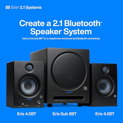 PreSonus Eris 4.5BT Bluetooth Studio Monitors, Pair — 4.5" Inch Powered Bookshelf Speakers, Stereo, Desktop Computer, Near Field Music Production, Audio Mixing Recording | Pair • Bluetooth 5.0 • 4.5 Woven Woofer • 1 Silk-Dome Tweeter • 50W Class Ab • 70hz