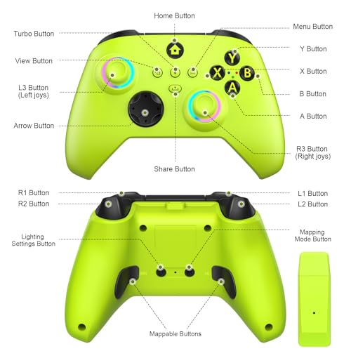 W&O Wireless Controller Compatible With Xbox One, Xbox Series X/S, Xbox One X/S, PC, With RGB LED Light, Mappable Buttons, 3.5mm Headphone Jack, With 2.4GHZ Wireless Adapter Gamepad - color: Electric Volt