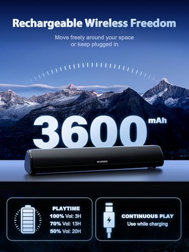 Bluedee Computer Speakers for Desktop PC, Rechargeable Computer Sound Bar with Hi-Fi Stereo Sound, Bluetooth 5.3 & 3.5mm AUX, Slim PC Soundbar for Desktop, Laptop, Monitor & Gaming Setup