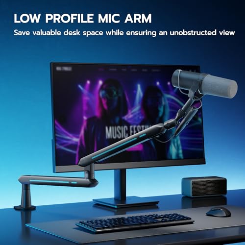 ARES WING Aluminum Low Profile Mic Arm with 4.4 lbs Load Capacity, Adjustable Microphone Boom Arm with 3/8” to 5/8” Screw Adapter, Desk Mount Mic Stand for Gaming Streaming Podcasting, Black - color: Black