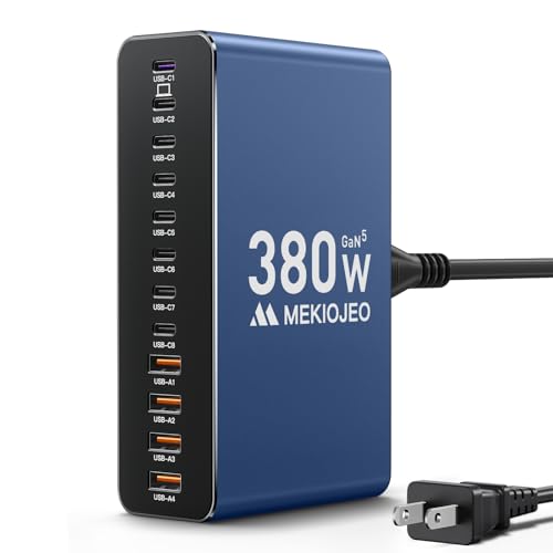 12 Ports Aluminum Alloy 380W Charging Station Fast USB C Charger Block | 65W Laptop GaN Charger for MacBook Pro/Air/iPad Pro/iPhone (Blue) - color: Blue