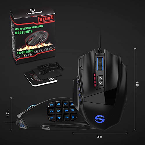 UtechSmart Venus Gaming Mouse RGB Wired, 16400 DPI High Precision Laser Programmable MMO Computer Gaming Mice [IGN's Recommendation] - color: Black