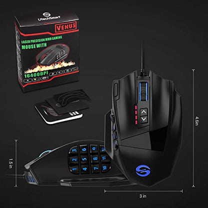 UtechSmart Venus Gaming Mouse RGB Wired, 16400 DPI High Precision Laser Programmable MMO Computer Gaming Mice [IGN's Recommendation] - color: Black