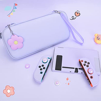 DLseego Switch Case Set Carrying Case with 10 Slots Cute Protective Dockable Hard Shell with 4PCS Glitter Cat Paw Thumb Grips Caps and 1PC Flower Blossom Chain For Switch 2017 (Purple) - color: Purple, size: Switch 1 6.3inch