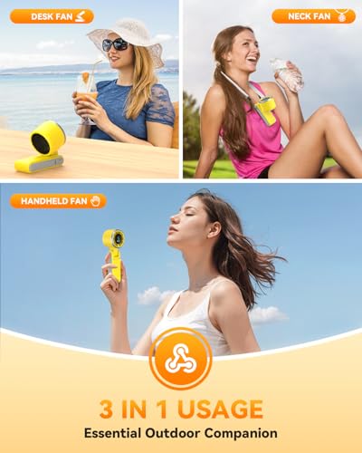 PlayHot Portable Handheld Turbo Fan, Travel Essentials, Gifts for Women/Men | 5-Speed, Up to 12H, 10m/s Airflow, USB-C Rechargeable, LED Display, 3-in-1 Foldable Personal Fan for Cruise, Beach, Vacation - color: Yellow
