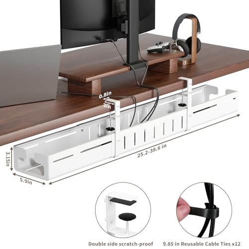 Under Desk Cable Management Tray, Expandable 25.2"–38.6" Cable Tray, White | No Drill Cable Management with Clamp Mount,Heavy Duty Carbon Steel Desk Cable Organizer,Wire Management for Office Home - color: White