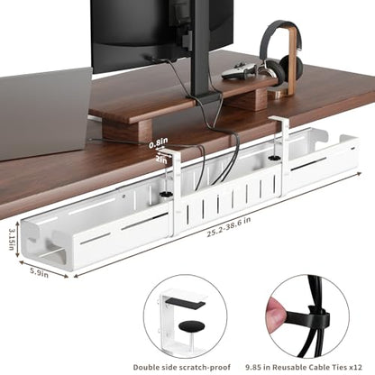 Under Desk Cable Management Tray, Expandable 25.2"–38.6" Cable Tray, White | No Drill Cable Management with Clamp Mount,Heavy Duty Carbon Steel Desk Cable Organizer,Wire Management for Office Home - color: White