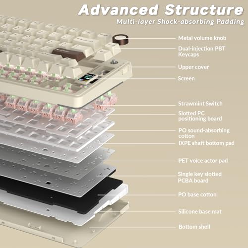 AULA S75 PRO Wireless Mechanical Keyboard with Screen&Knob, 75% Hot Swappable Gaming Keyboard with Pre-lubed Switches, RGB Backlit, PBT Keycaps, Creamy Sounding Computer Keyboards - color: Mocha