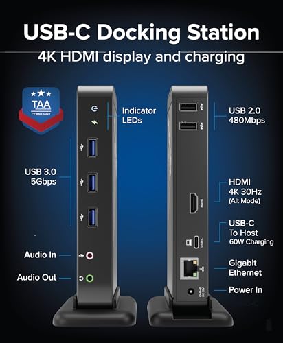 Plugable USB-C Dock with 4K HDMI and 60W Charging, Compatible with MacBook Neo, Thunderbolt 3/4, USB4, and USB-C macOS, Windows, and Chromebook, 1Gbps Ethernet, 3X USB 3.0, 2X USB 2.0, Driverless