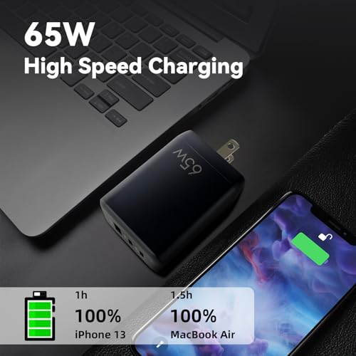 EP 65W USB C Charger Block, PPS GaN 3-Port Compact Foldable Power Adapter Fast Type C Charging Station Compatible with MacBook, Galaxy S24, iPhone 16/15Pro, Switch, Steam Deck, Galaxy S24 Black