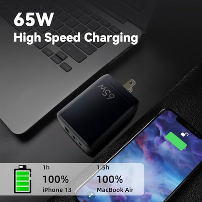 EP 65W USB C Charger Block, PPS GaN 3-Port Compact Foldable Power Adapter Fast Type C Charging Station Compatible with MacBook, Galaxy S24, iPhone 16/15Pro, Switch, Steam Deck, Galaxy S24 Black