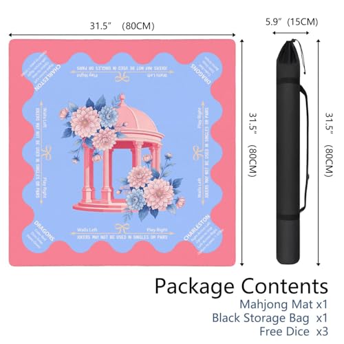 Elegant Mahjong Mat with Rules, 31.5*31.5in Anti Slip American Mahjong Mat for Table, Noise Reduction, Neoprene Mah jongg Mats with Carrying Bag & 3 Dices, Mahjong Set Gift, Board Tile Games Mats - color: Floral10
