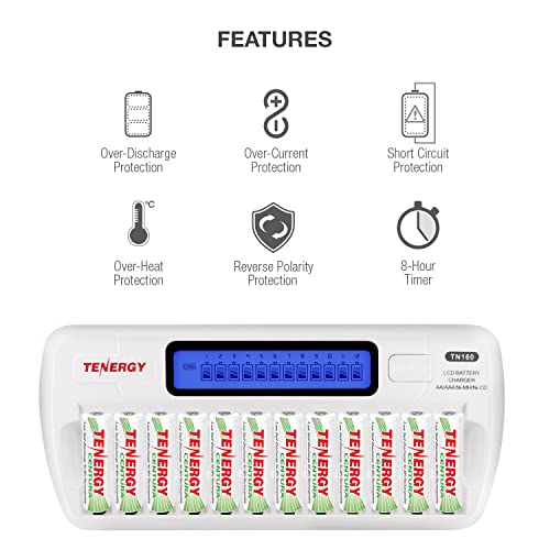 Tenergy 12 Pack Centura AA Rechargeable Batteries and TN160 12-Bay Smart Battery Charger, 12 Pack AA Low Self-Discharge Batteries and Charger for Remote Controllers, Toys, and More - size: Charger + 12 Pack Centura AA