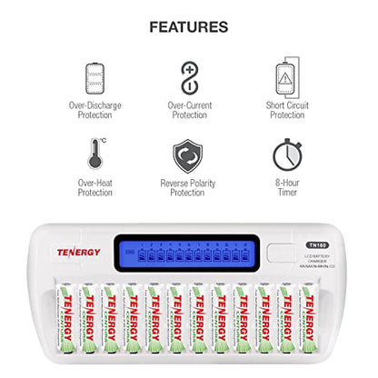 Tenergy 12 Pack Centura AA Rechargeable Batteries and TN160 12-Bay Smart Battery Charger, 12 Pack AA Low Self-Discharge Batteries and Charger for Remote Controllers, Toys, and More - size: Charger + 12 Pack Centura AA