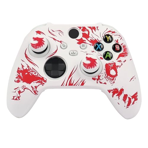 Wolf Controller Skin Compatible with Xbox Series X Wireless Controller, RALAN Protector Case， Customised Thumb Grips Cap - color: Wolf white Red