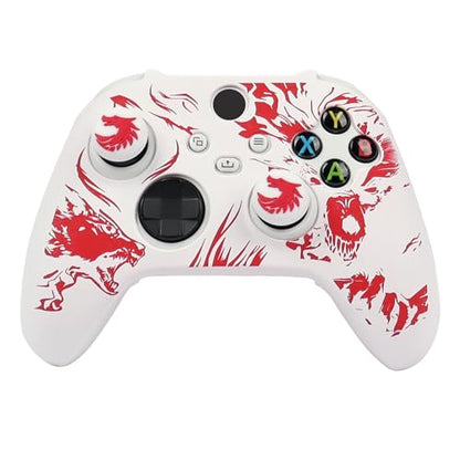 Wolf Controller Skin Compatible with Xbox Series X Wireless Controller, RALAN Protector Case， Customised Thumb Grips Cap - color: Wolf white Red