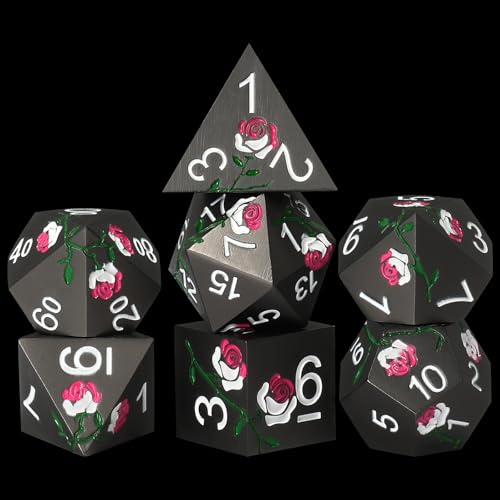 Rose Engraved Metal Dice Set 7PCS for DND RPG Tabletop Gaming | Solid zinc alloy build with 150g weight for balanced rolls(Dark Grey with Iridescent Rose) - color: Dark Grey With Iridescent Rose