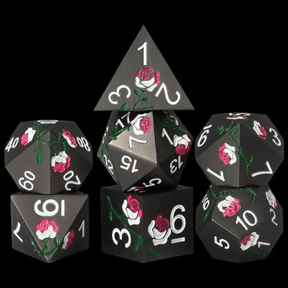 Rose Engraved Metal Dice Set 7PCS for DND RPG Tabletop Gaming | Solid zinc alloy build with 150g weight for balanced rolls(Dark Grey with Iridescent Rose) - color: Dark Grey With Iridescent Rose