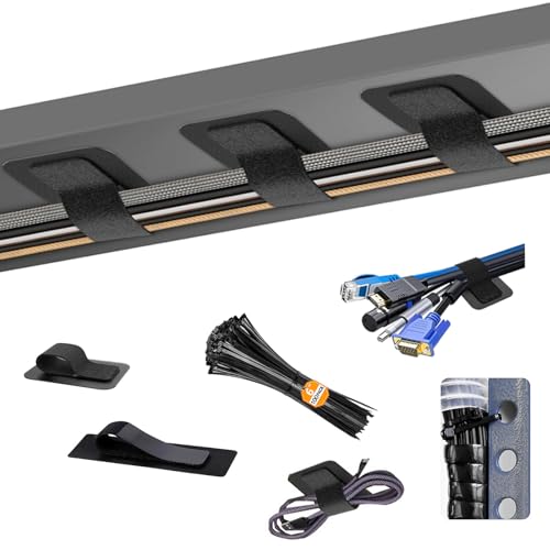 Under Desk Cable Management Kit: 20 Adhesive & 100 Zip Ties Black | Adjustable hook and loop ties with strong adhesive, durable nylon zip ties. Keep cords organized, reduce desk clutter - color: Black