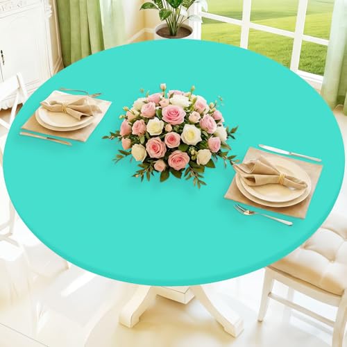Moosfor Spandex Round Tablecloth, Fitted Table Cloth for 42"-50" Tables | Elastic Outdoor Picnic Table Cover, Circle Stretch Waterproof Table cloths for Patio, Dining, Kitchen, Aqua Blue - color: Aqua Blue, size: For Up to 42"-50" Round
