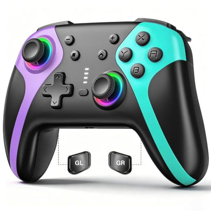 GaloDrmy Wireless Switch Controllers for Nintendo Switch/OLED/Lite/Switch 2 | 1000mAh Rechargeable Switch Pro Controller with 10 Color Light/Hall Effect Joystick/Wake Up/Turbo/Motion Control,Purple&Green - color: Purple & Green