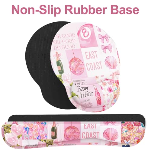 Ergonomic Mouse Pad with Wrist Rest and Keyboard Wrist Rest, Mousepad and Wrist Rest for Computer Keyboard, Pain Relief, Non-Slip Rubber Base, Mouse Pad with Wrist Support for Gaming, Pink Collage - color: Pink Collage