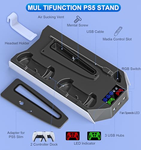 PS5/PS5 Slim Cooling Station with Controller Charging Station for PlayStation 5 Console Disc/Digital, PS 5 Cooling Stand Accessories with LED Light/Charger/Cooler Fan/3 USB Hubs/Headset Holder/Screw