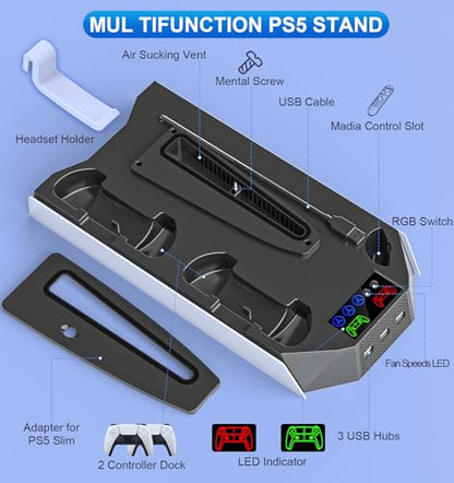 PS5/PS5 Slim Cooling Station with Controller Charging Station for PlayStation 5 Console Disc/Digital, PS 5 Cooling Stand Accessories with LED Light/Charger/Cooler Fan/3 USB Hubs/Headset Holder/Screw