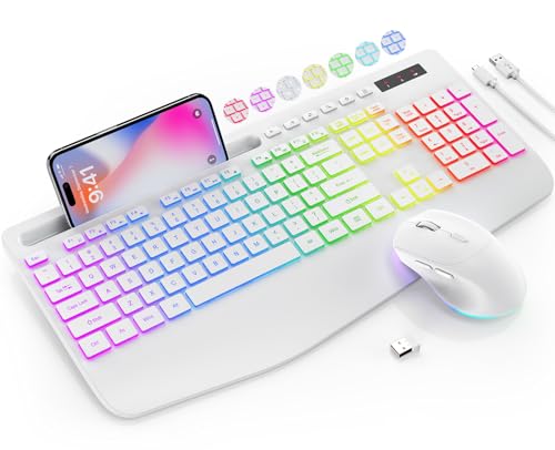 Wireless Keyboard and Mouse Combo - 9 Backlit Effects, RGB, 2.4Ghz | Ergonomic Wrist Rest, Phone Holder, Rechargeable, Full Size, KM22 MAX Silent Set for Computer, Laptop, Mac, Windows (White) - color: Cloudy White
