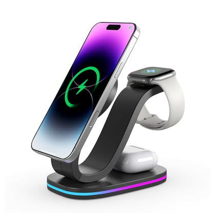 Wireless Charging Station, 2026 Upgraded Fast 15W 3-in-1 Charger Station for iPhone 17/16/15/14/13/12 Series, Watch Airpods 1-8/Ultra, iPad, AirPods