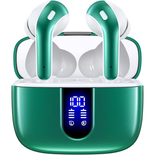 TAGRY Bluetooth Headphones True Wireless Earbuds 60H Playback LED Power Display Earphones with Wireless Charging Case IPX5 Waterproof in-Ear Ear buds with Mic for TV Smart Phone Laptop Computer Sports - color: Forest Green, style: Standard