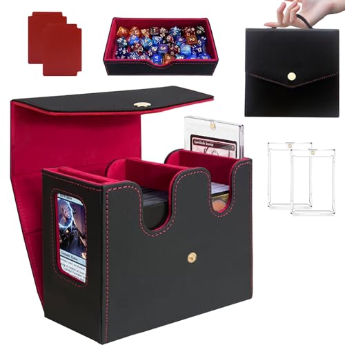 MTG Commander Deck Box, Trading Card Storage Box with Handle & Dice Tray Holds to 230+ Double Sleeved Cards, Durable Button Design Double Deck Box Suitable for CCG/TCG/Sports Cards (Black&Red)
