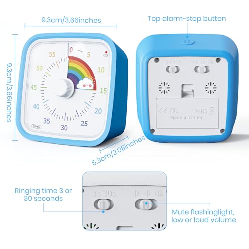 Rainbow Visual Timer for Kids, 60-min Countdown Timer, Blue | Protective Case, No Ticking, Mute and Ringing Alarm Available, Time Management Tool, Low Power Reminder, for Study,Game,Work - color: Blue Rainbow