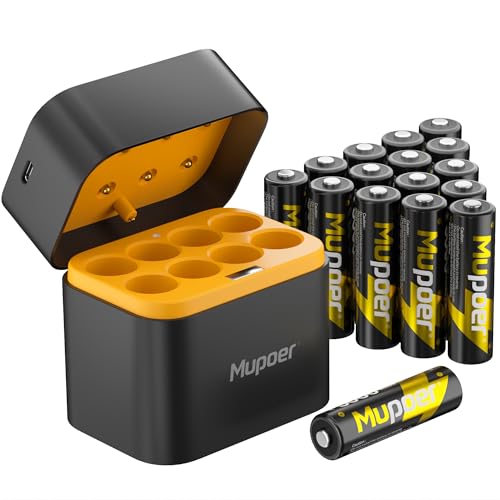 Mupoer Rechargeable AA Lithium Batteries with Charger,16 Count 3600 mWh 1.5V Double A Batteries High Capacity,Long Lasting Rechargeable AA Li-ion Battery with Integrated Charging Storage Box - Gold - size: 3600mWh 16AA
