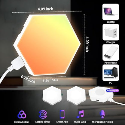 16-Pack Hexagon RGB LED Wall Lights, Smart Modular Light Panels with App & Remote Control, Music Sync Color Changing Lights, DIY Gaming Room Decor, Bedroom LED Wall Lighting, Expandable Design