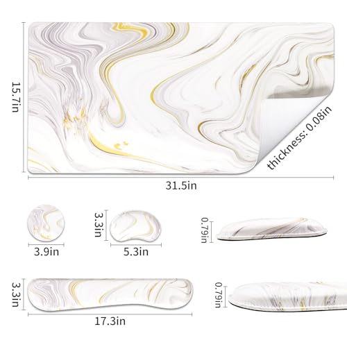 QIYI PU Leather Desk Mat Set, 4-in-1 Ergonomic Wrist Rest, White Marble | Waterproof Large Mouse Pad 31.5×15.7 + Keyboard Wrist Rest + Mouse Wrist Support+Coaster, Non-Slip Office Gaming Accessories - color: Gray White Marble