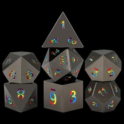 Rainbow Numbers Metal Dice Set 7PCS for DND RPG Tabletop Gaming | Solid zinc alloy build with 150g weight for balanced rolls(Black with Iridescent Number) - color: Black With Iridescent Number