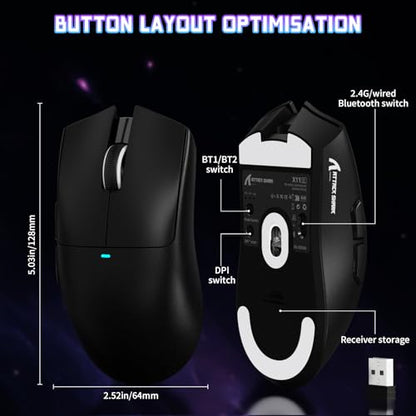 ATTACK SHARK X11SE Wireless Gaming Mouse, 59g Lightweight, Black | Bluetooth/2.4Ghz Wireless/Wired Connectivity, 22K DPI, PixArt PAW3311 Gaming Sensor, 1K Polling Gamer Mice for PC/Mac - color: Black