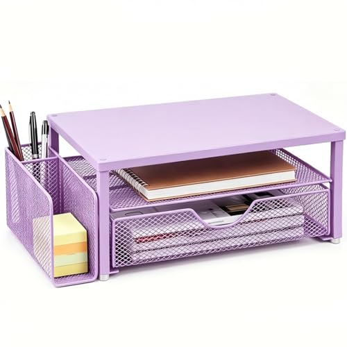 Spacrea Desk Organizer and Accessories, Computer Monitor Stand Riser with Drawer and 1 Open Pen Holder, Printer & Laptop Stand, Office Desk Accessories for Home Office Supplies (Purple) - color: Purple - Metal Drawer