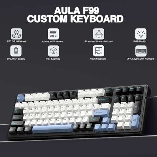 AULA F99 Wireless Mechanical Keyboard,Tri-Mode BT5.0/2.4GHz/USB-C Hot Swappable Custom Keyboard,Pre-lubed Linear Switches,RGB Backlit Gaming Keyboards for PC/Tablet/Xbox/PS4/PS5 - color: Blue&White&Black