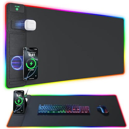 Wireless Charging Mouse Pad with Phone Stand, 31.5"x15.8" Large | Gaming Mousepad RGB Desk Mat, Smooth Glide, Stitched Edge, Non-Slip Rubber Base, Waterproof Keyboard Mat, No Adatper - color: RGB-Stand